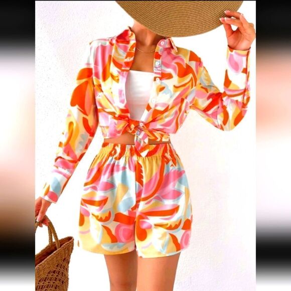 Colorful Abstract Print Shirt and Shorts Set - Picture 1 of 7